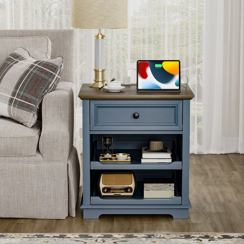 1 - Drawer Tray Monrovia With Storage and Built-In Outlets, Brown/Blue
