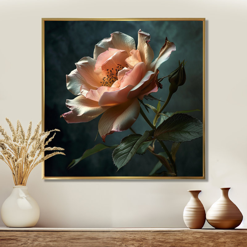 Rose rose gros plan - rose, art mural, Toile avec cadre flottant or, H 16 po x l 16 po x P 1 po