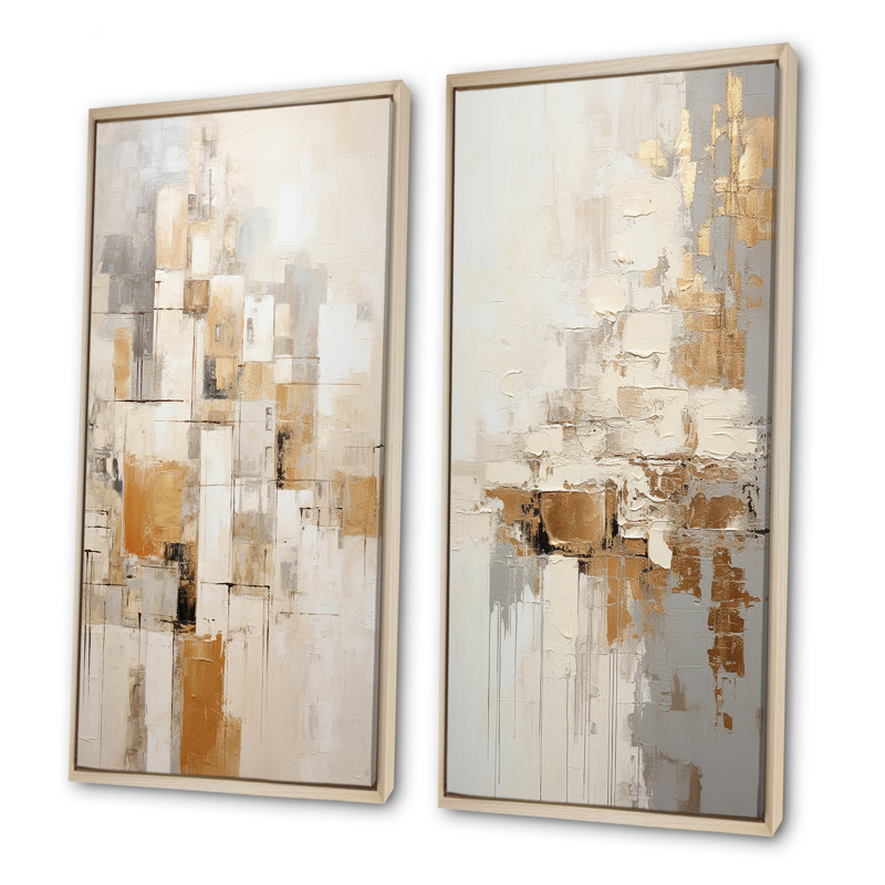 Ensemble de 2 peintures murales beiges et dorées - Collages abstraits sur toile, H 28 po x l 25 po, Encadrement brun