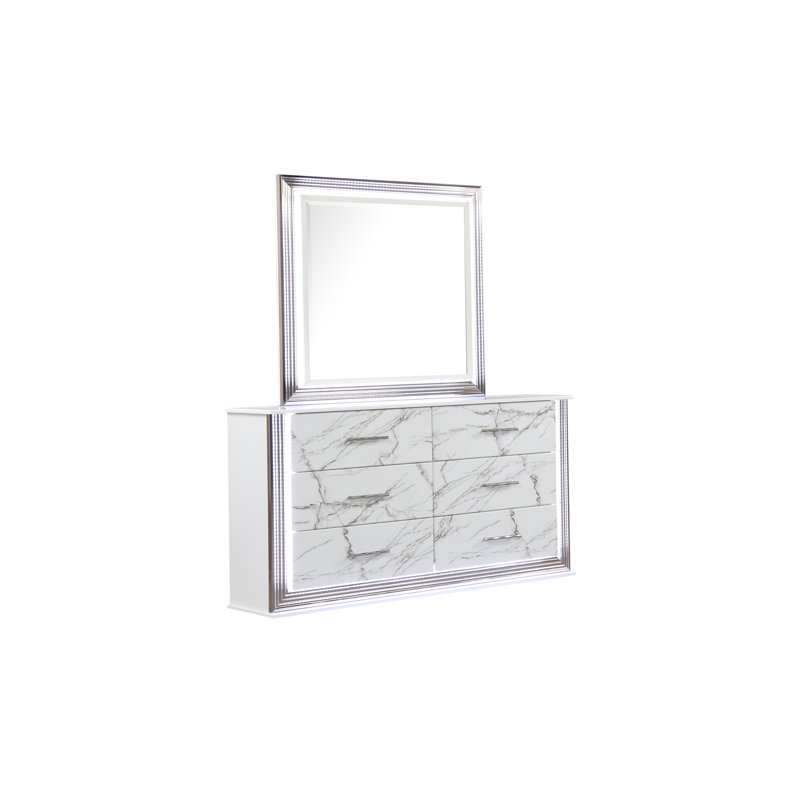 Commode à tiroirs en marbre avec finition blanche élégante, poignée métallique et six tiroirs spacieux pour un rangement élégant dans la chambre à coucher