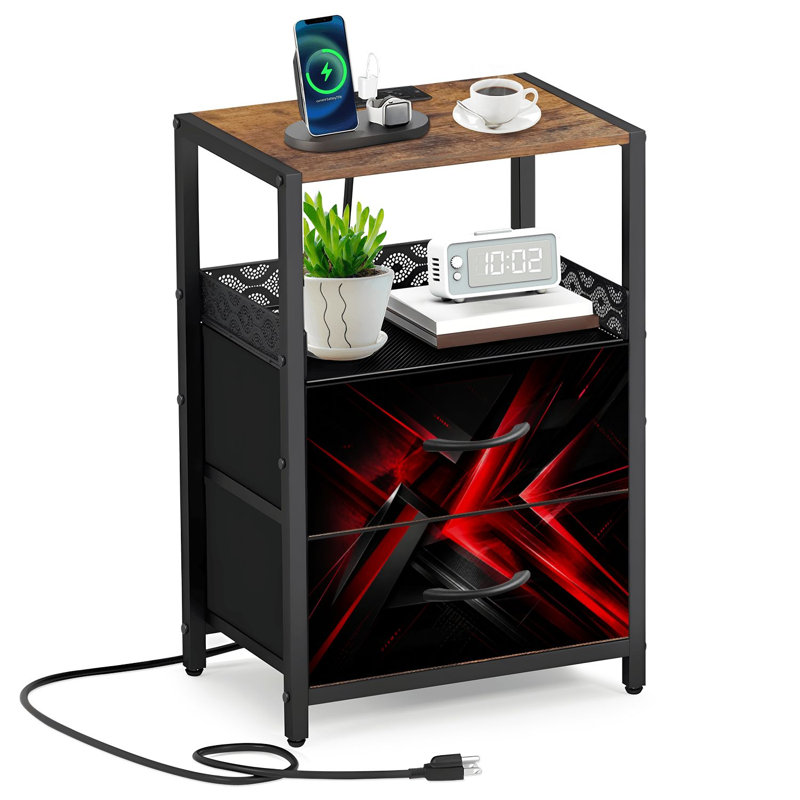 Table de chevet à 2 tiroirs en tissu avec station de charge, lignes géométriques abstraites, table de chevet et table de bout avec ports USB et prises USB