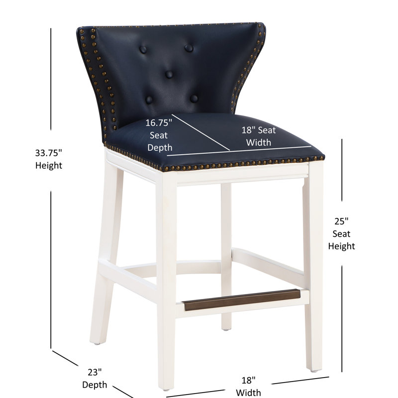Tabouret de comptoir bleu foncé, bois massif, dossier capitonné, assise à ressorts à arc, base