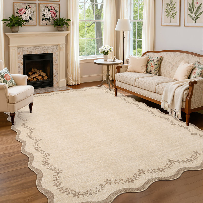 Floral Scalloped Non Slip Washable Area Rug for Living Room Bedroom, Low Pile  Thin Solid Home Decor Carpet, Beige