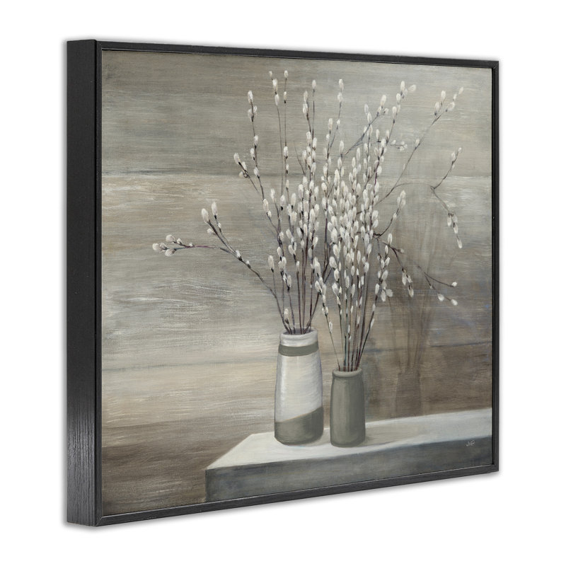 Nature morte « Pussy Willow » - peinture sur bois, H 14 po x l 11 po, Giclée encadrée noir minuit