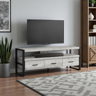 Meuble télé, 60 po, console, meuble multimédia, tiroirs de rangement, salon, chambre à coucher, stratifié gris, métal noir, contemporain, moderne