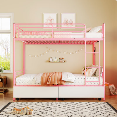Lit superposé en métal rose avec charge, panneau de grille, rangement, lits simples séparés, pas de sommier pour mur de clôture de chambre à coucher, séparable