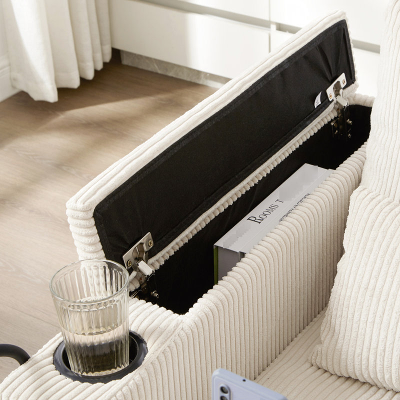 Chaise en velours côtelé beige avec design convertible, charge, porte-gobelets, rangement pour accoudoirs et organisateurs latéraux pour une vie moderne compacte