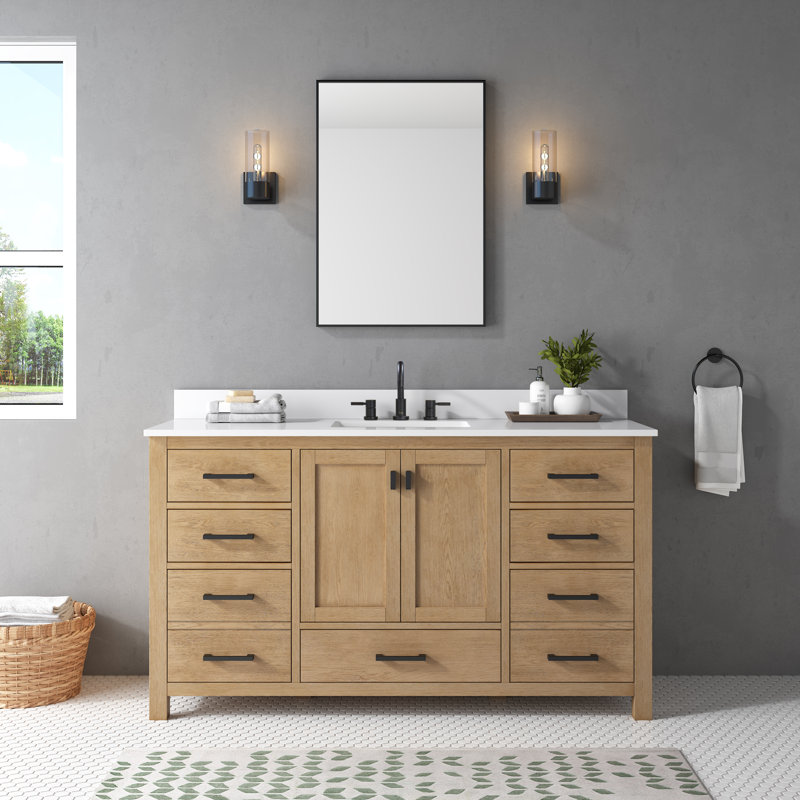 Modero 61-Inch Brushed Oak Single Vanity with White Stone Top