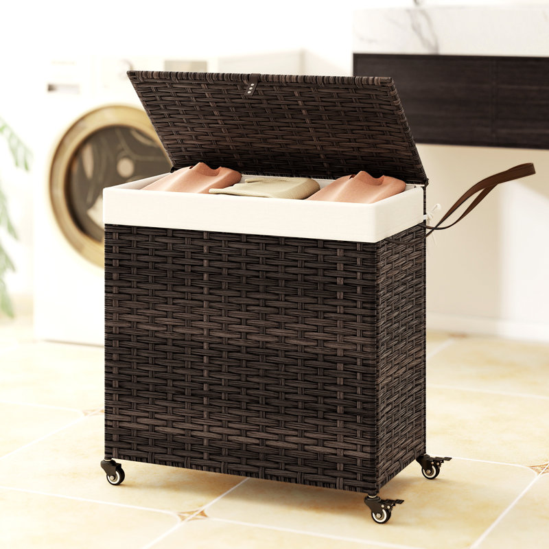  Panier à linge avec roulettes et couvercle 125l 3 sections avec 2 sacs , Brun