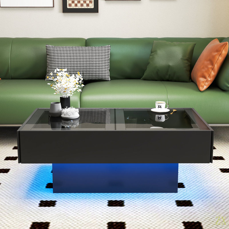 Table basse avec plateau coulissant, table centrale avec compartiment de rangement caché, table extensible pour le salon