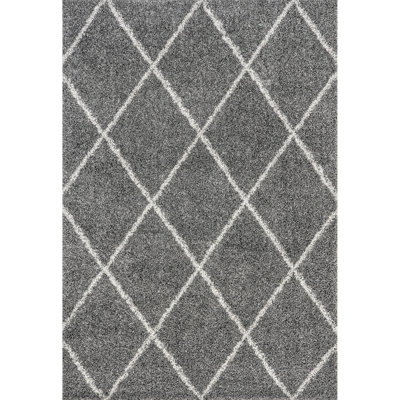 Tapis gris foncé à poil long à motif de treillis pour le salon, la chambre à coucher, la salle à manger, la chambre de bébé Callum, gris / ivoire