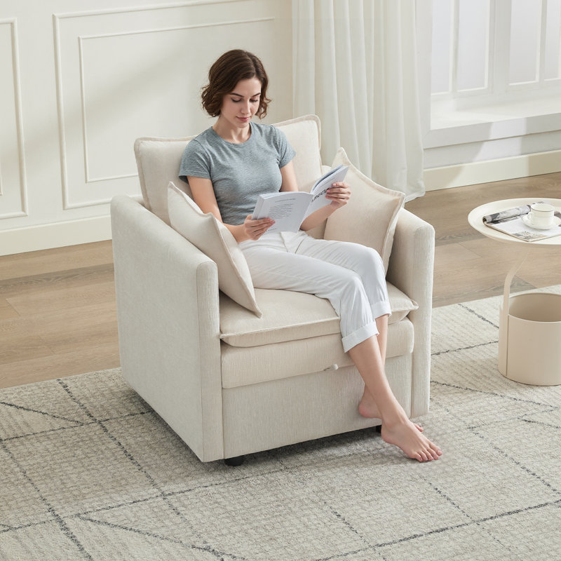 Chaise d'appoint avec rangement, fauteuil rembourré en chenille avec coussins, Beige