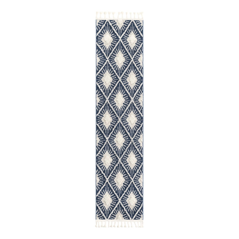 Geometric Machine Woven Runner 2'7 x 12' Polyester Area Rug in Blue, Runner 2' x 8'