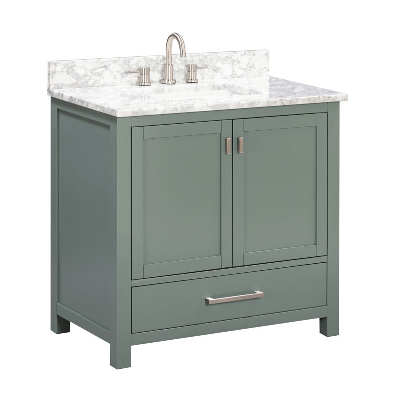 Meuble-lavabo simple 36 po avec plateau Souther, Marbre blanc de Carrare, Nickel brossé, Vert fumée