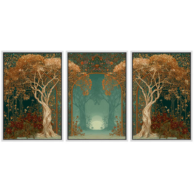 Art Nouveau Enchanted Forest Artwork, Living Room Pictures, Framed Canvas Giclee Print 2 Pieces Wall Art