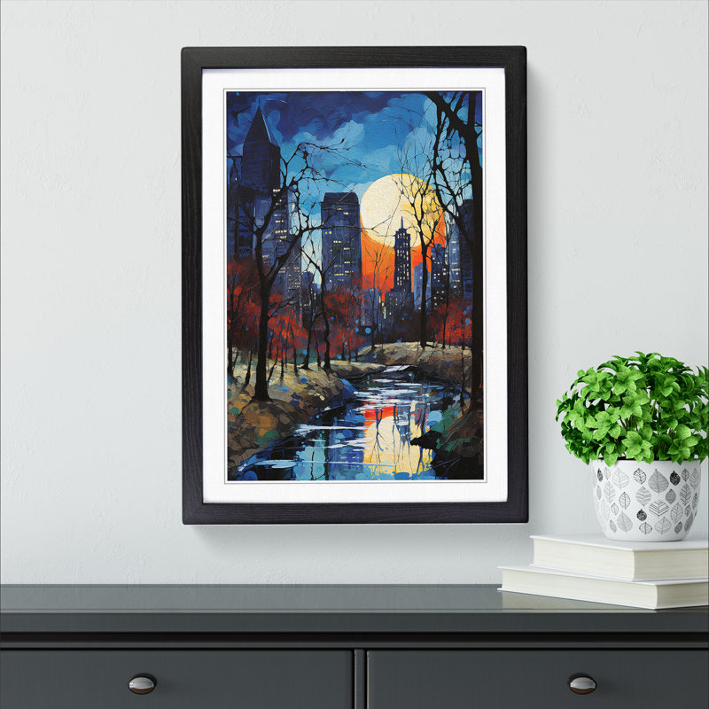 Central Park Expressionism - Single Picture Frame Print on Wood, 34cm H x 25cm W x 2cm D, Black Framed