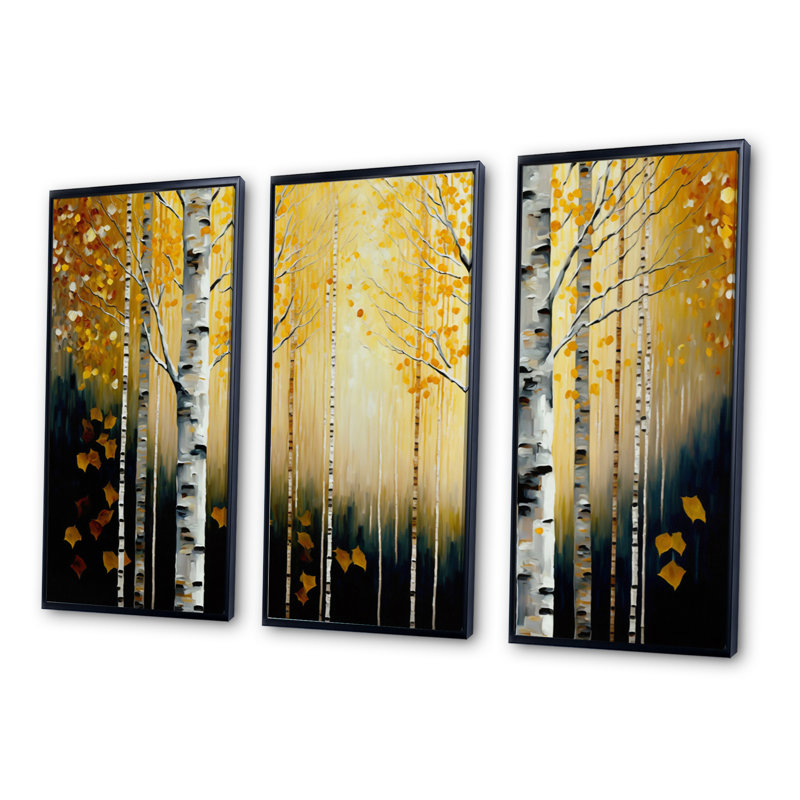 Golden Birch Trees Forest I - ensemble d'art mural sur toile paysage, H 28 po x l 36 po x P 1 po, Cadre noir