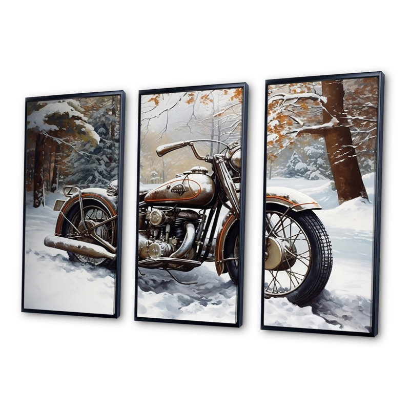 War Rustic War Bike In Winter - ensemble d'art mural moto, H 28 po x l 36 po x P 1 po, Cadre flottant noir