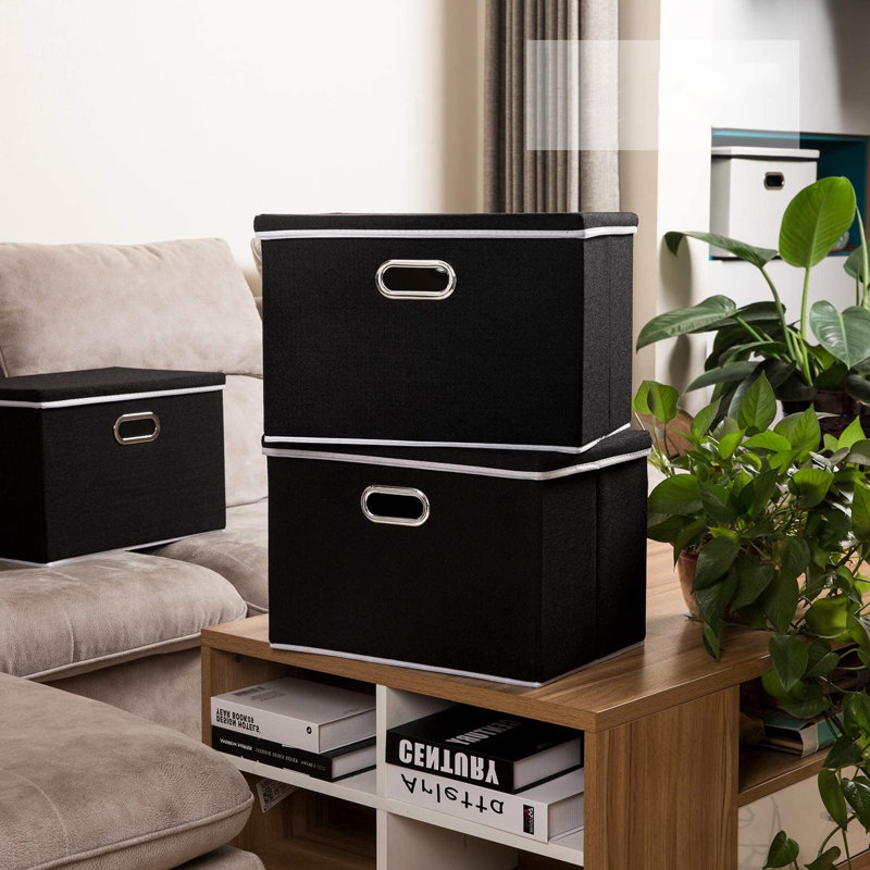 Black Fabric Foldable Storage Bins with Stainless Steel Handles
