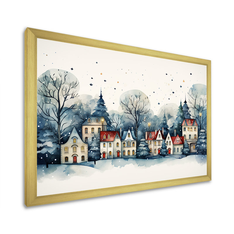 «Christmas Village In Winter I - Winter Landscape», art mural, Cadre doré à coins fermés, H 12 po x l 20 po x P 1 po