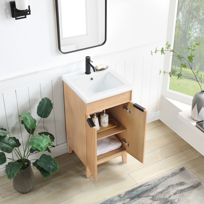 Ensemble de meuble-lavabo autoportant simple 18,1 po avec plateau en céramique et miroir Waukesha, Bois de sapin brun