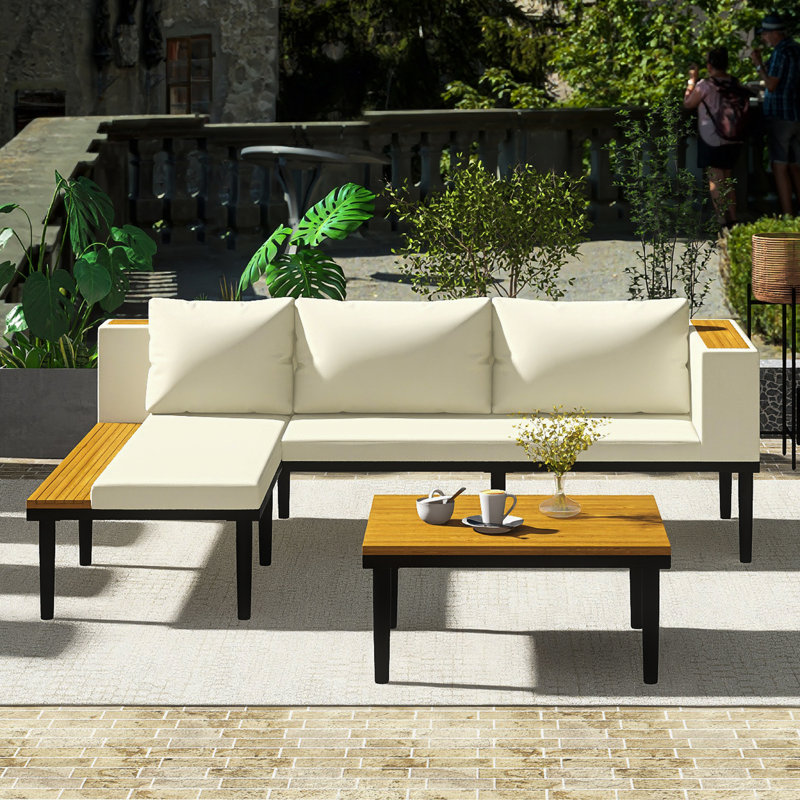 Luxury Patio Furniture Set In Beige ｜ L-Shaped Acacia Wood Sofa With Side Table｜Removable Cushions And Coffee Table｜Outdoor Conversation Sectional Sofa For Backyard, Porch