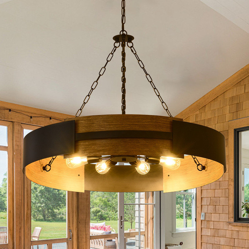 8-Light Farmhouse Chandelier 35.43-Inch Drum Light Fixture, Black And Wood Grain Industrial Drum Chandelier For Dining Room Living Room Foyer Entryway Kitchen
