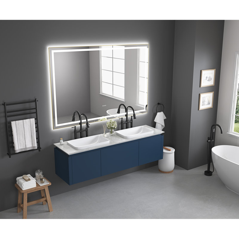 Miroir de salle de bain 60 po x 48 po à DEL avec façade et rétroéclairage, miroir de meuble-lavabo mural avec cadre en aluminium, antibuée, mémoire, 3 couleurs, gradation continue