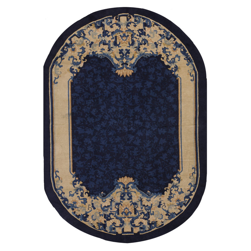 1900s Wool Blue Antique Rectangle Hand Knotted Pile Floral Rug