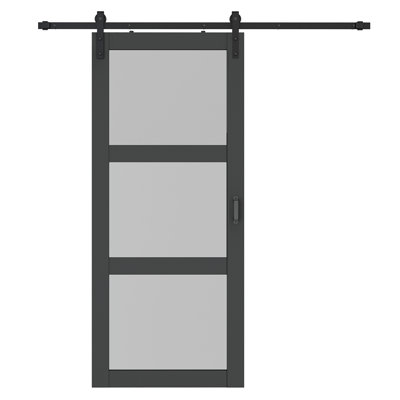 Porte de grange noire en verre et en bois manufacturé avec trousse de quincaillerie d'installation