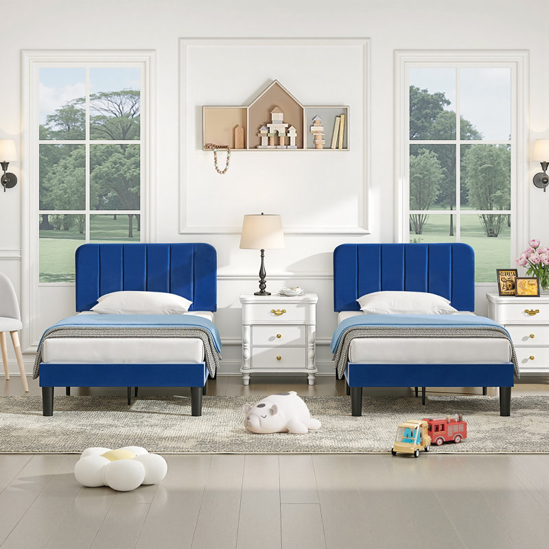 Bedias Set of 2 Twin Upholstered Platform Bed, Velvet Bed Frame with Vertical Channel Adjustable Headboard, Wooden Slats Support, No Box Spring Needed, Noise Free, Blue