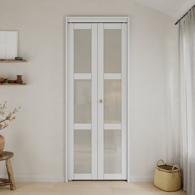 32" × 80" 3-lite Glass Closet Door Solid Manufactured Wood Bi-fold Door,bifold Closet Door,pantry Door With Installation Hardware Kit