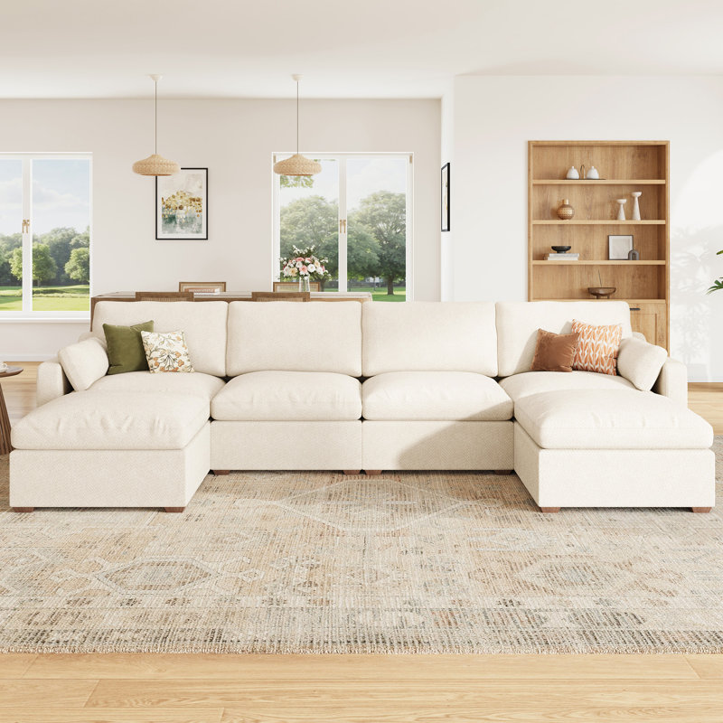 Abramson Upholstered U-Shaped Chenille Sectional Cloud Sofa, White Chenille