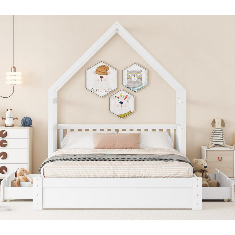 Grand lit plateforme en bois blanc avec garde-corps et 2 tiroirs, Blanc