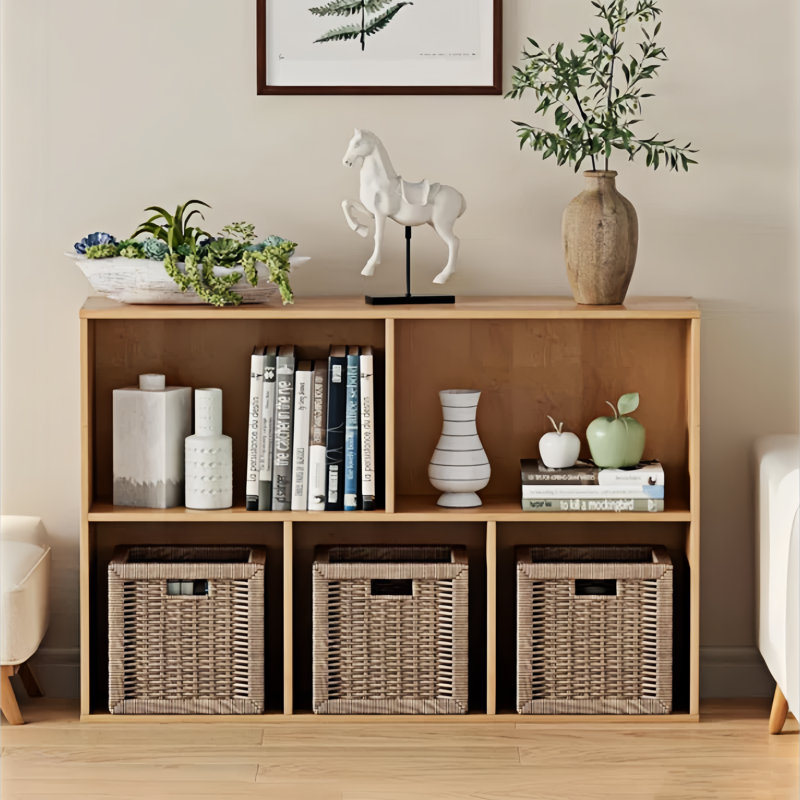5-Section Closed Back Bookcases, Modern Open Storage Shelf Display Cabinet, Natural Oak