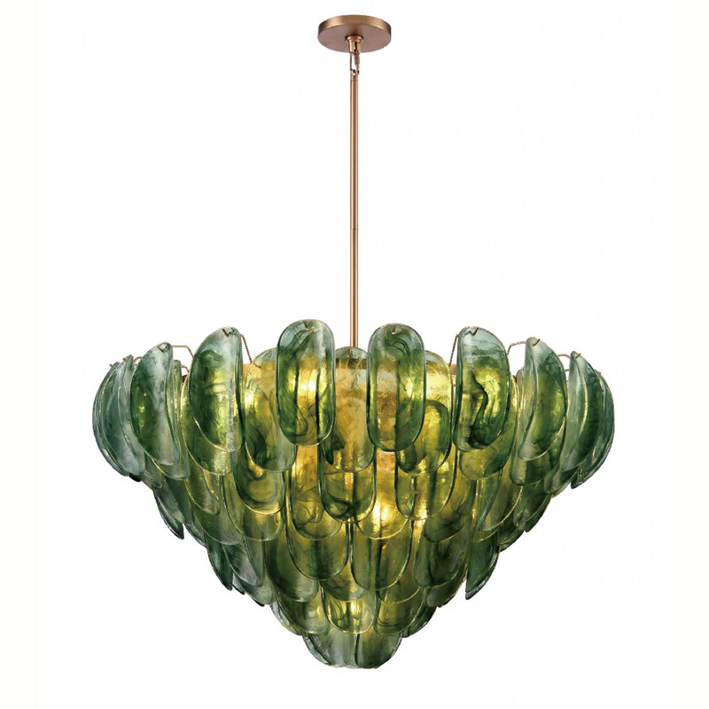 Suspension Château de 99 cm (39 pouces) en laiton satiné et verre vert