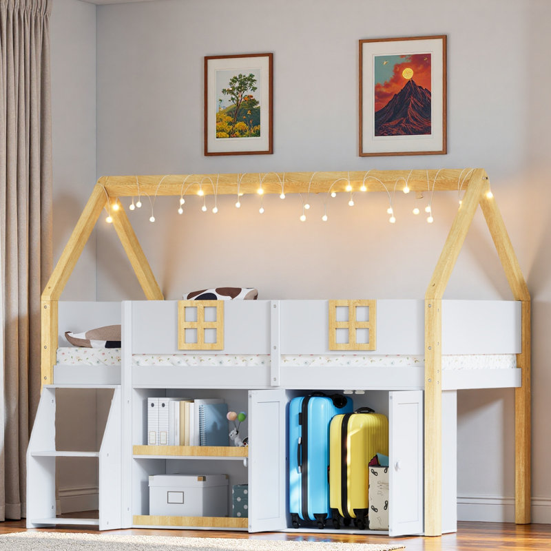 Lit mezzanine bas avec tablettes, armoires et lumières à DEL, Double