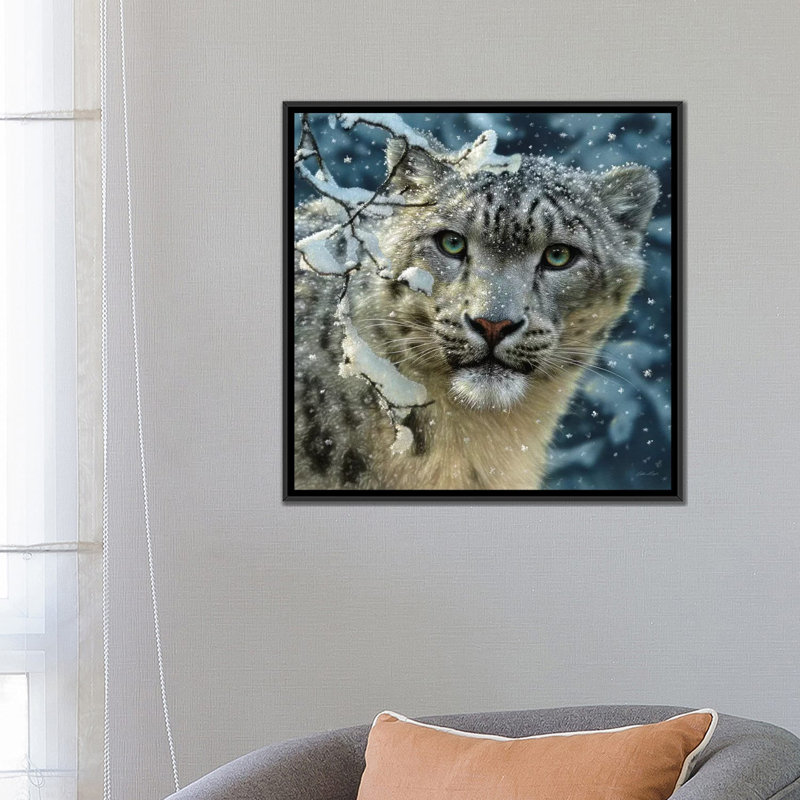 Snow leopard, carré, H 26 po x l 26 po x P 1,5 po, Toile avec cadre noir, Pas de tapis