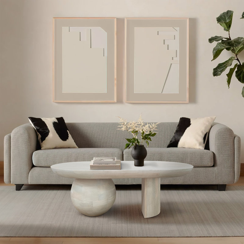Janaan 38 Inch Coffee Table, Oblong Mango Wood Top with a Modern Ball Leg, White