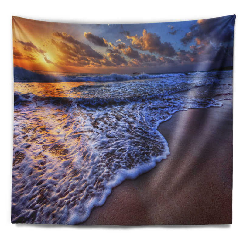 Tapisserie d’ondes de mer en polyester avec des accessoires suspendus de couleur coucher de soleil et de mer avec accessoires suspendus inclus