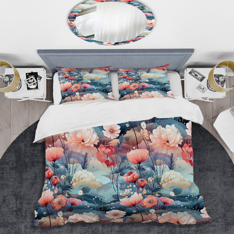 Ensemble de housse de couette à motif floral pêche et sarcelle sous l'eau, Housse de couette pour grand lit et 2 taies décor