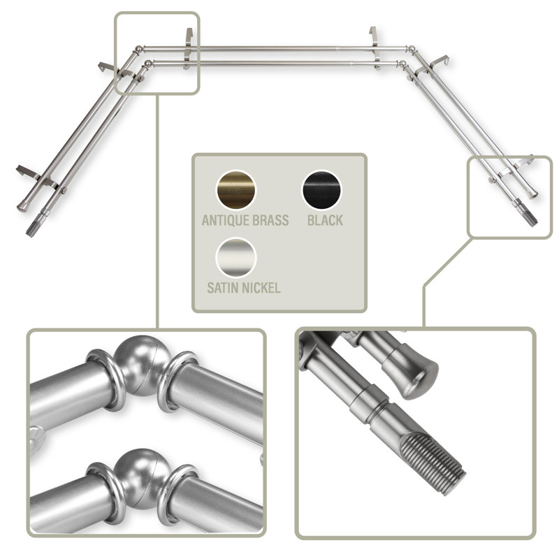 Tringle à rideaux double réglable pour fenêtre de baie de 0,81 à 38 po, Nickel satiné