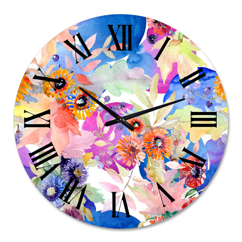 Horloge murale moderne Vibrant Wild Spring Leaves and Wildflowers IV, Grand