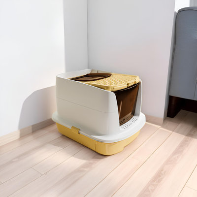 Cat Litter Tray, Oversized, Fully Enclosed, Top Entry Cat Toilet Drawer, Kitten Litter Tray, Splash Proof And Odor Proof [Top Lift+Drawer], Cream Yellow Upgraded For Fecal Cleaning