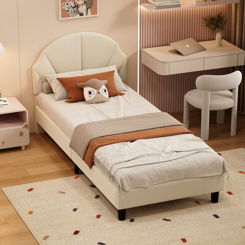 90*190cm Single Bed with Height Adjustable Headboard,Velvet, Beige
