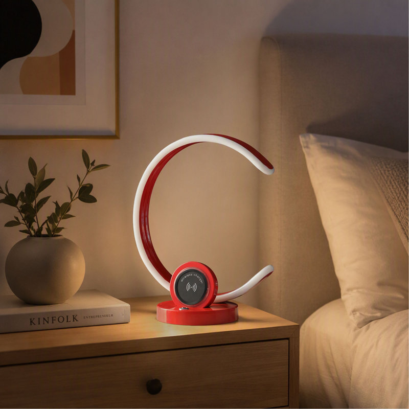 Table Lamp, 13.25", Modern C-Shape with USB/Wireless Charger & Touch Dimmer, Bright Red