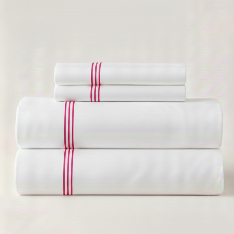 500TC Cotton Triple Embroidery Sateen Solid Cotton 4 Piece Sheet Set Fitted Sheet Fits Upto 16" Deep Pocket, Hot Pink Border