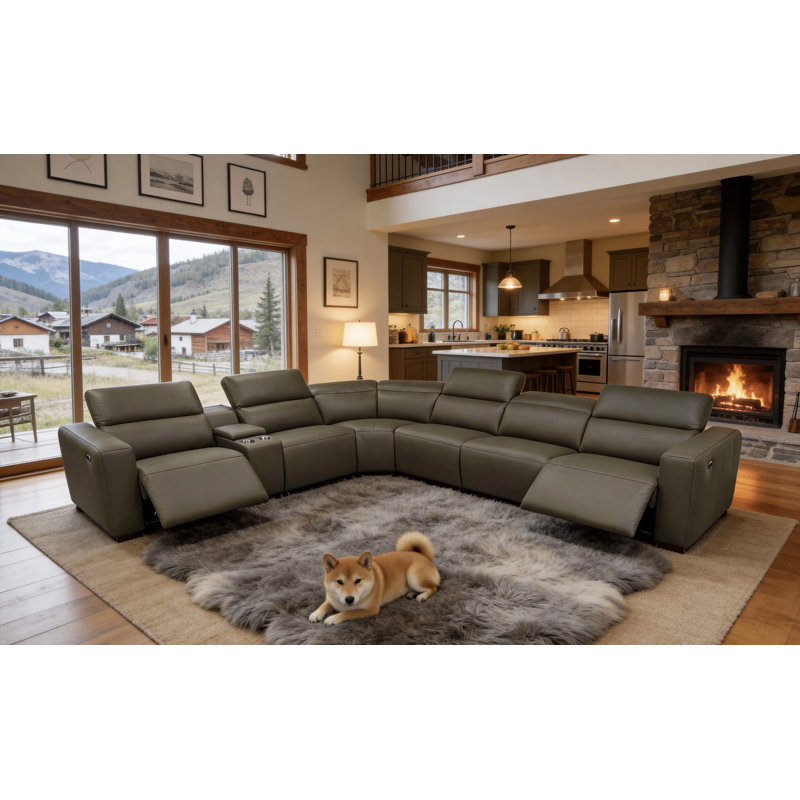 Alderwick Top-Grain Leather Reclining Modular Sectional, Olive