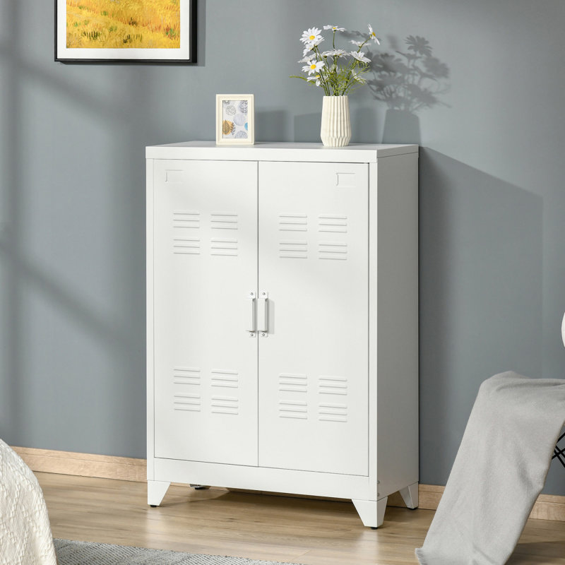 Industrial Storage Cabinet, Steel Garage Cabinet With Double Doors And Adjustable Shelves, White