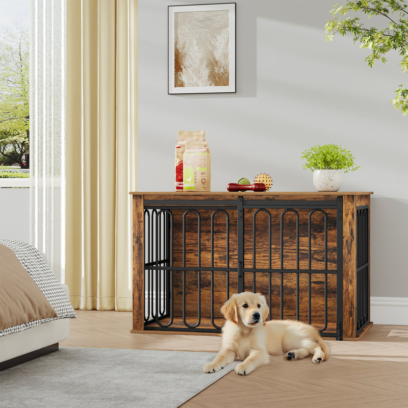 Dog Crate Furniture, 100 × 60 × 62.4 cm, Wooden Dog Crate with Double Doors, Sliding Doors, End Side Table Animal Crates for Small Medium Dogs, Animal Cage Furniture for Home